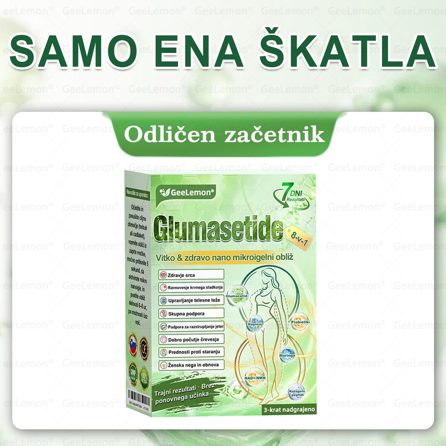 🌴🌴Registrirano pri JAZMP in GMP certificirano👩‍⚕️🎁 𝐆𝐞𝑒𝐿𝑒𝐦𝐨𝐧® 𝐆𝐥𝐮𝐦𝐚𝐬𝐞𝐭𝐢𝐝𝐞 8 v 1 Hujševalni in zdravju namenjen nano obliž z mikroiglicami 🇸🇮 (Samo enkrat na dan, vidne spremembe že v 7 dneh) ✅